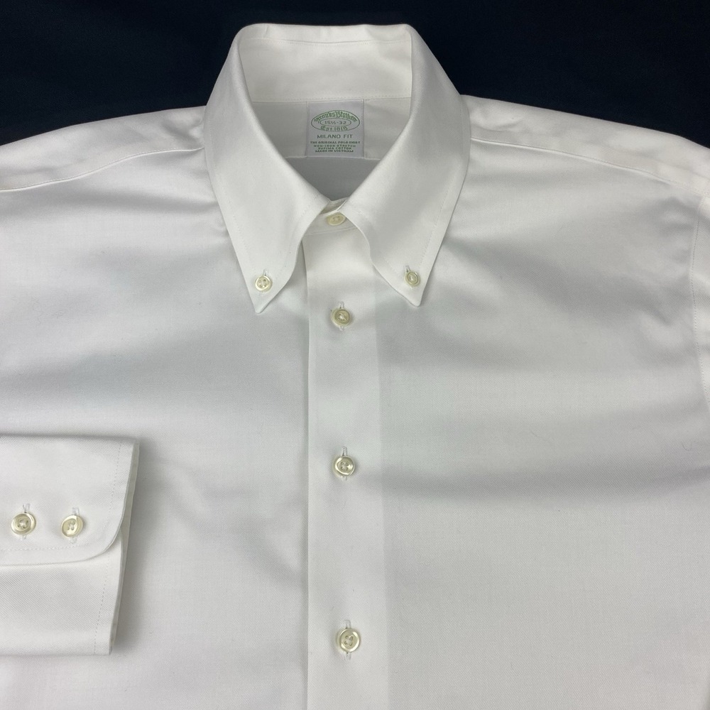 Brooks Brothers Dress Shirt Mens 15.5-32 White Milano Fit No Iron Stretch